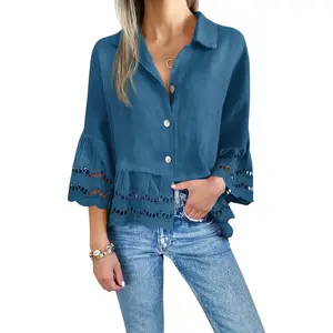 Lannew Women’s Casual Button-Up Shirt – Trendy Loose Fit with Hollow-Out Design, Ruffled Hem, and 3/4 Sleeves