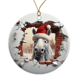 Christmas Horse Ornament | Funny Santa Horse | Holiday White Horse Ornament | Cute Animal Decorations | Unique Gift Idea Ceramic Ornament - 3 Inch Christmas Tree Round Ornament - Xmas Holiday Decor - String Included - ORNW0154