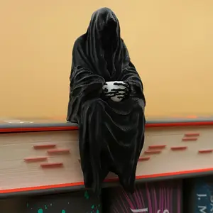 3D Printed Seated Statue Grim Reaper Desktop Ornament Black Hooded Figure Mysterious Decoration for Home Decor