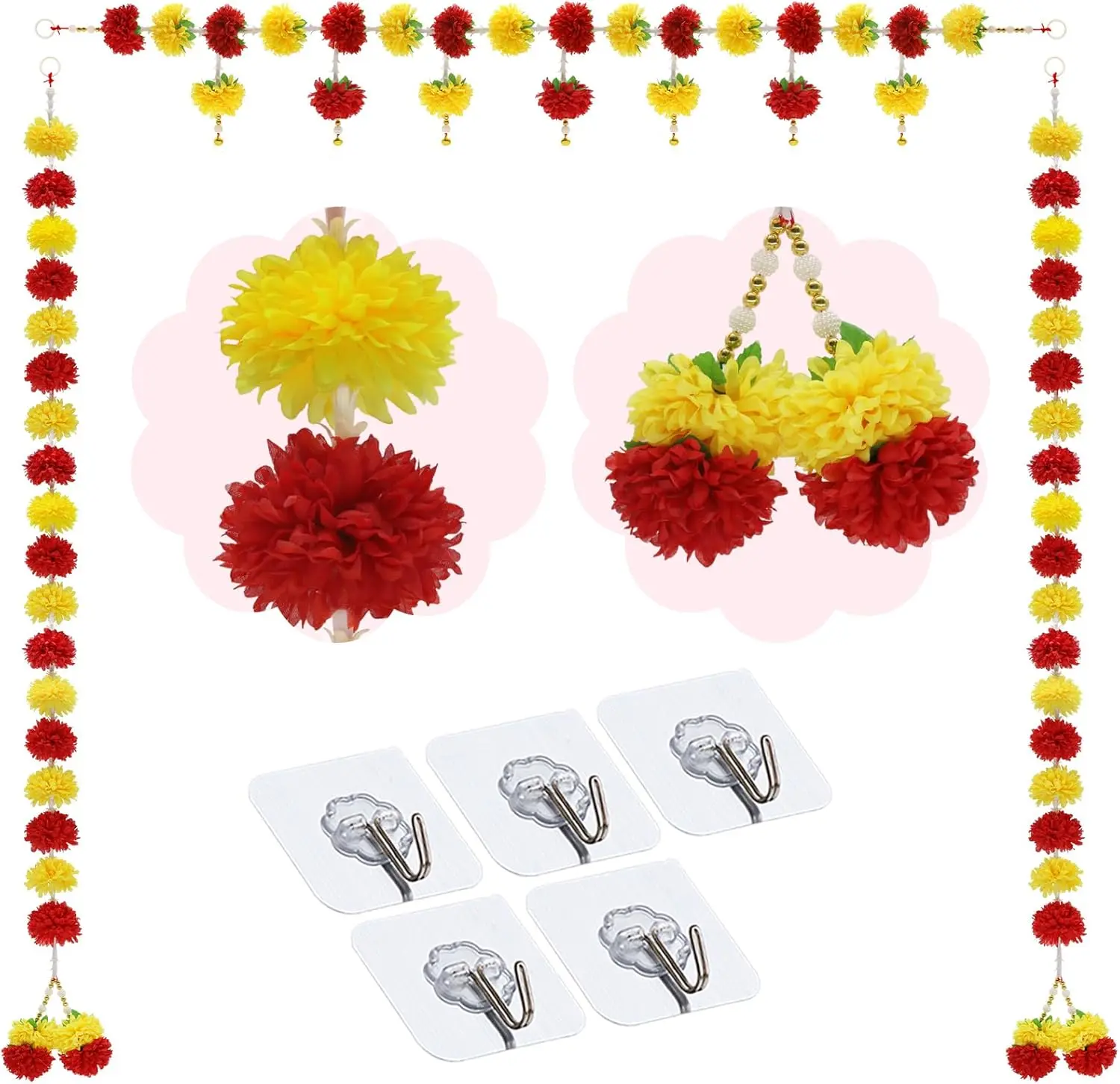 Hindu Fabric Marigold Garland Set - 3PCS 5FT Reusable Artificial Flower Toran for Indian Wedding Decoration Diwali Ganpati Pooja Home Background Wedding Mandap Stage Backdrop Decor Door Wall Hanging