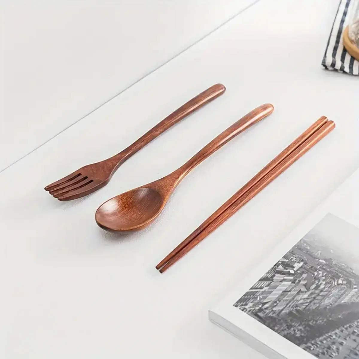 Wooden Cutlery Set, 3 Counts/set Including Spoon & Fork & Chopstick, Portable Reusable for Meals, Soups, Rice, and Salads, Dinnerware Service Set, Tableware Kit, Wooden Utensil Set, Tableware Sets