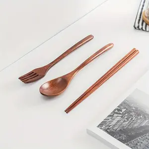 Wooden Cutlery Set, 3 Counts/set Including Spoon & Fork & Chopstick, Portable Reusable for Meals, Soups, Rice, and Salads, Dinnerware Service Set