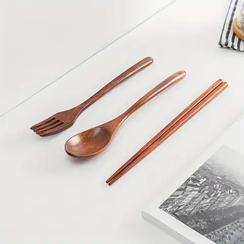 Wooden Cutlery Set, 3 Counts/set Including Spoon & Fork & Chopstick, Portable Reusable Durable Tableware for Meals, Soups, Rice, and Salads, Dinnerware Service Set, Tableware Kit, Wooden Utensil Set, Tableware Sets