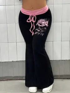 Maweii Plus Size Women’s Contrast Color Drawstring Waist Flare Pants – Casual Street Style Fall/Winter Outfit