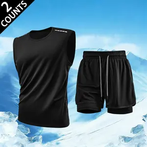 2 Counts Men's 2-in-1 Running Set, Quick Dry Tank Top & Liner Shorts, Breathable Moisture-Wicking Fabric, Black Gym Outfit for Training & Outdoor Activities, Plus Size S-2XL, Stock Up Essential