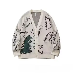 Men’s cardigan with cartoon dinosaur print, front button closure and pocket; loose casual fit with drop shoulders, long sleeves, and a V-neck; knitwear for spring and fall; fashionable men’s knit clothing for everyday wear; cartoon print sweater.