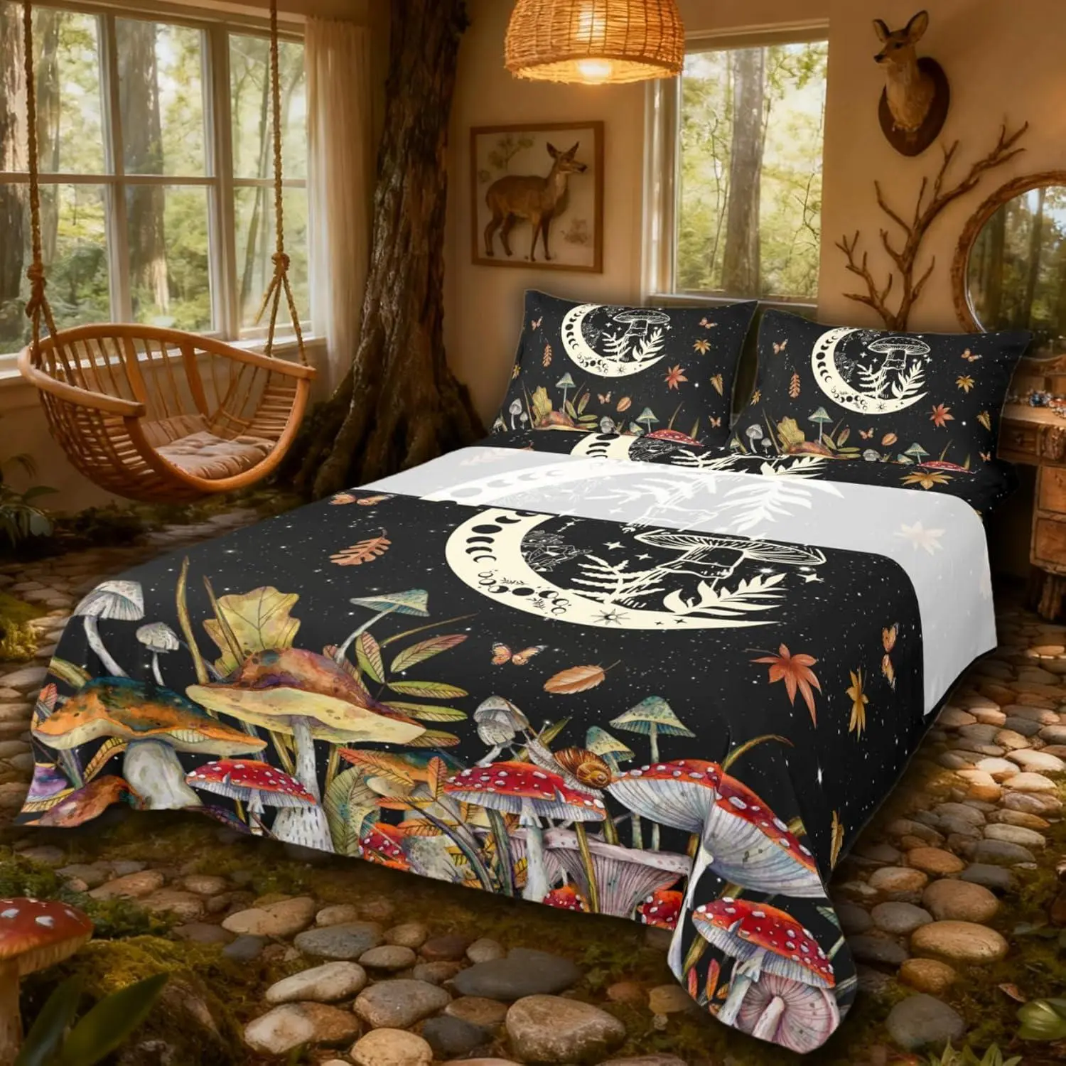 Watercolor Mushroom Bed Sheet Cartoon Moon Cute Dreamcatcher Exotic Sheet Set for Kids Teens Adults Wild Butterfly Leaves Starry Galaxy Bedding Set with Flat,Fitted Sheet