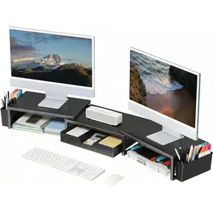 Desk Organizers and Accessories, Dual Monitor Stand Riser with Drawer and 2 Pen Holders, Metal Desk Shelf Computer Racks for Office Workspace Desktop Organization (Black Metal)