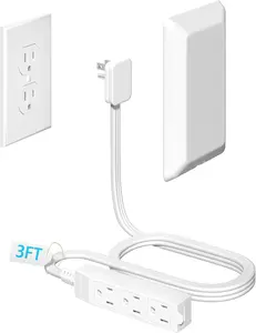 3FT Flat Plug Extension Cord wit Outlet Covers  Proofing,Ultra Tin Outlet Concealer wit Cord Concealer Kit,3 Outlet Power Strip,13A 125V 1625W,Universal Size for ome,Kitcen,ETL Listed,Wite