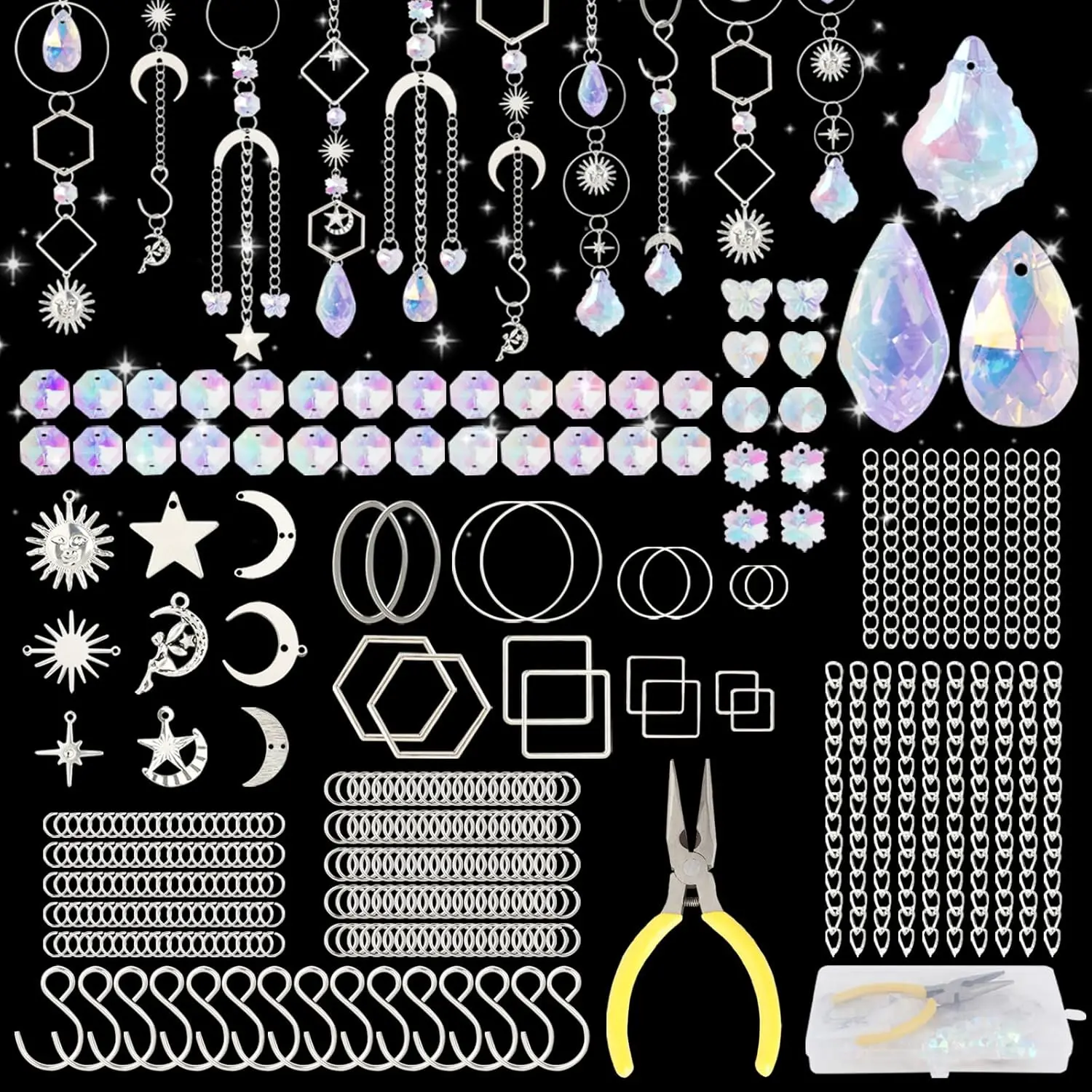 300 Pieces Sun Catcher Crystal Craft Set,Crystal Sun Catcher with Handmade Tongs and Pendants,DIY Sun Catcher Crafts,Crystals for Hanging for Windows,Living Room,Garden,DIY Hand Tools Kits