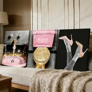 3 Counts Wooden Framed Canvas Painting, Luxury Pink Bathroom And Glitter High Heels Images, Exquisite Poster, Perfect Gift, Decor For Living Room, Bedthroom, Modern Art, Fashion Family Poster, Wall Art Decoration, Canvas For Home