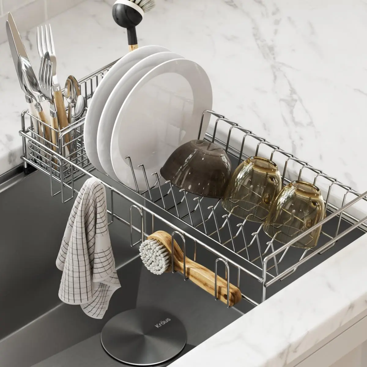 212 MAIN Kraus KDR-3 Workstation Over-Sink Drain Kitchen Rack Shelf - Stainless Steel, Silicone, Rectangle Organiser, Utensil Holder Accessory