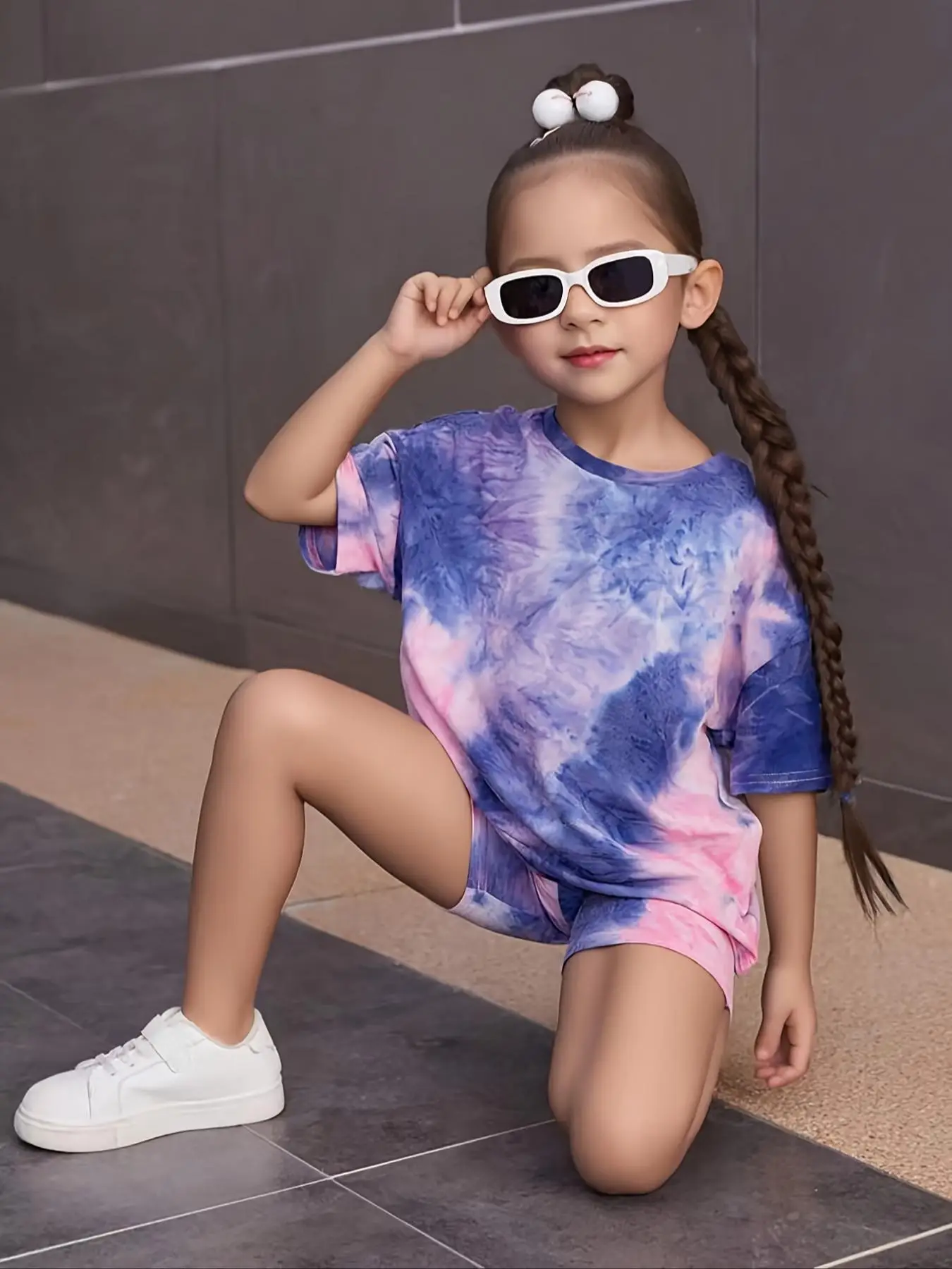 Girl's Tie Dye Print Short Sleeve Tee & Shorts Two-piece Set, Casual Fashion Cozy Round Neck T-shirt & Shorts for Daily Outdoor Wear, Athletic Wear Ki