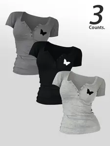 Butterfly  Printed Women's  Buttons 3 Pieces  V Neck Tee, Casual Women's Short-Sleeve T-shirt For Summer, Ladies Basic Clothes for Daily Wear, TikTok Trending T-shirt Women