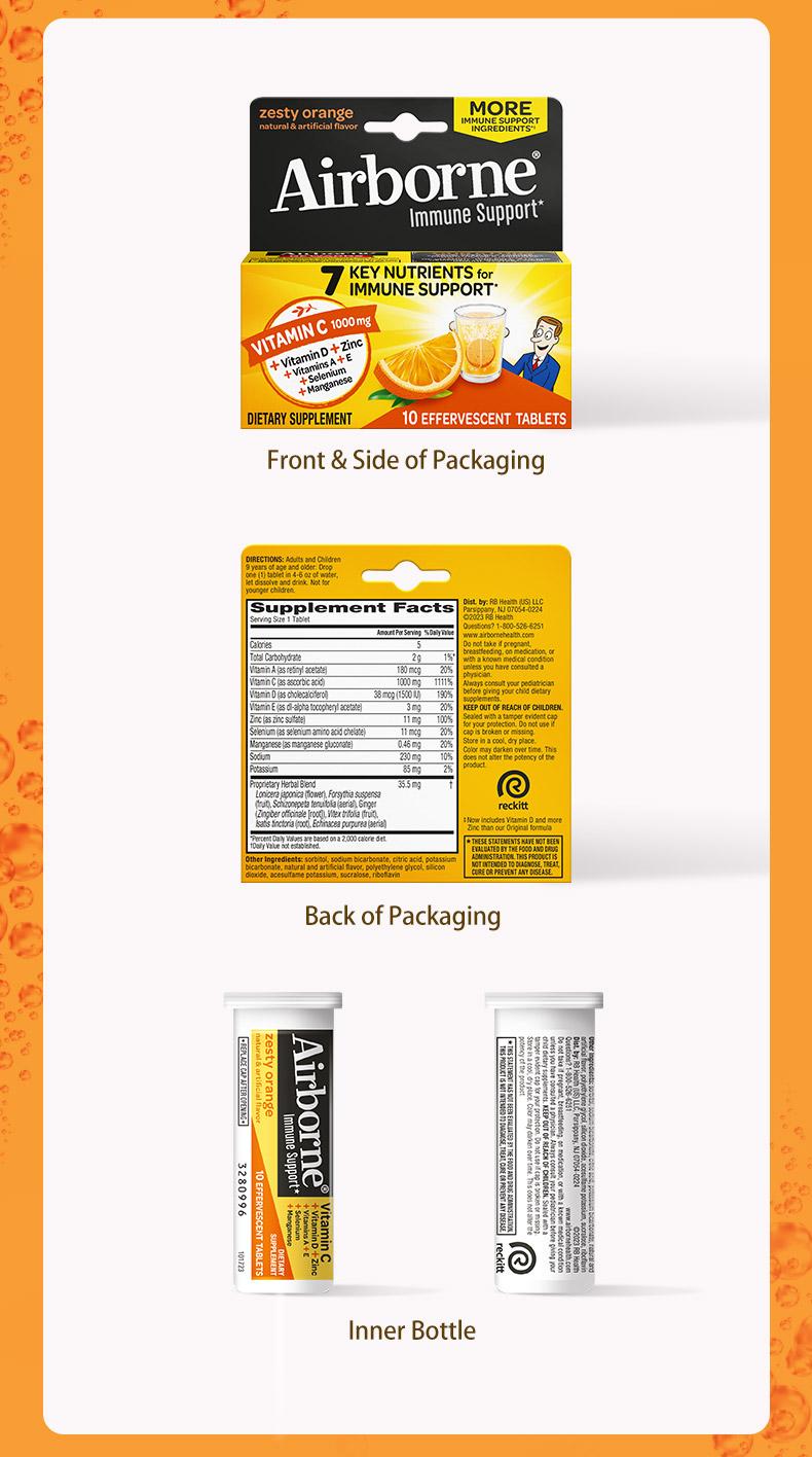 Airborne 1000mg Vitamin C with Zinc, SUGAR FREE Effervescent Tablets, Immune Support Supplement with Powerful Antioxidants Vitamins A C & E Healthcare Fitness