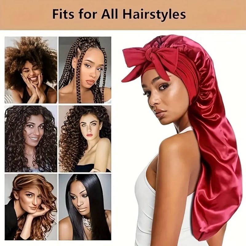 Silk 2pcs Long Hair Bonnets for Sleeping - High-Quality Satin Material with Soft Feel for Comfortable Sleepwear Haircare Black+ Pink Heatless