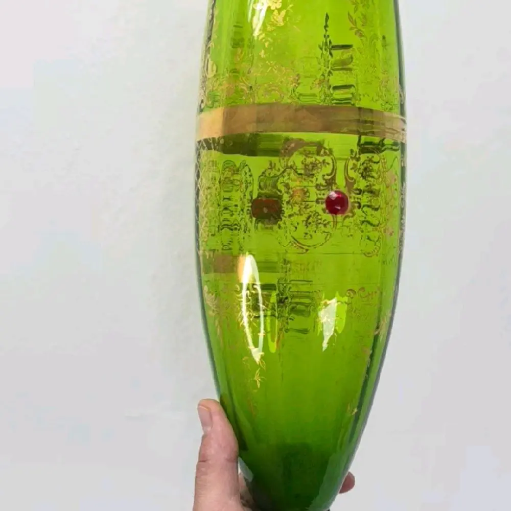 Vintage Murano Glass Vase Green Gold Tre Fuochi Jeweled Bohemian Chalice  1950s