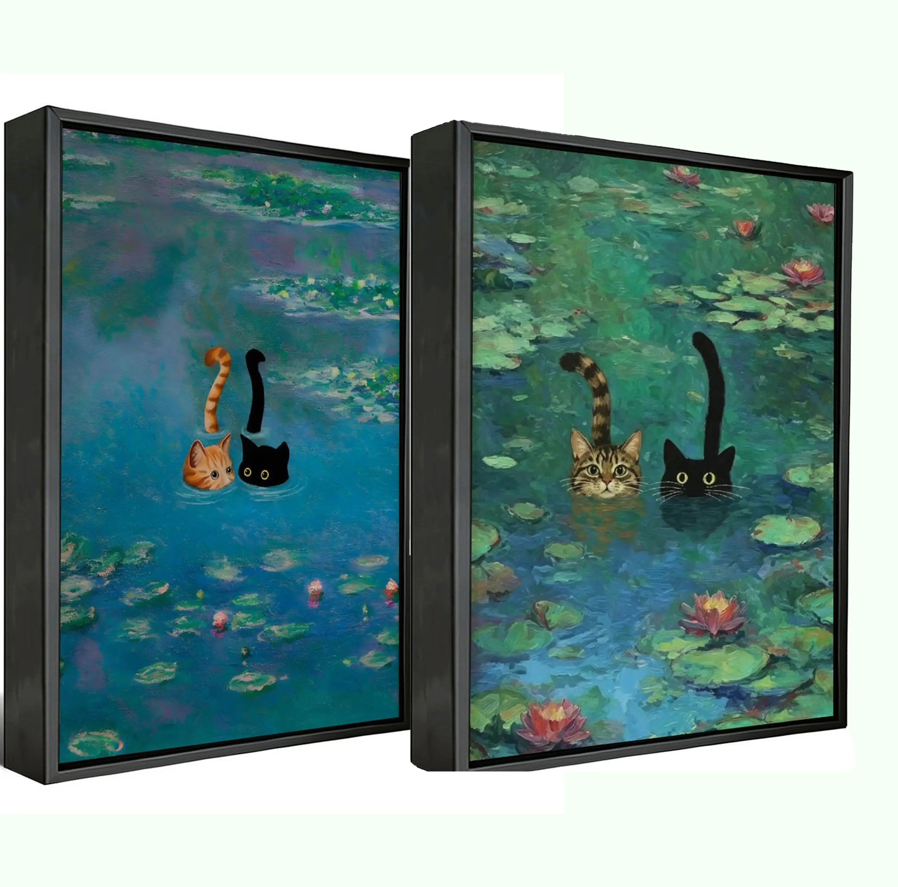 Monet Water Lilies Cat Art Poster, Funny Tabby & Black Cat Swimming in Lily Pond Poster, Impressionist Cat Wall Decor, Lovely Kitten Oil Painting for Bedroom Bathroom Home Wall Decor r for Birthday  Gift