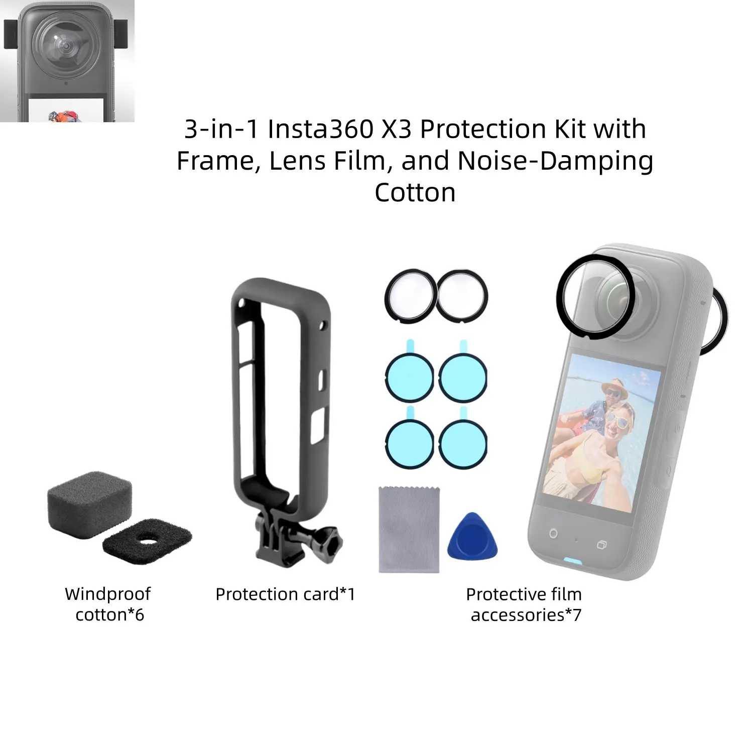 Three-In-One Insta360 X3 Durable Protection Set, Includes Frame, Lens Film, Noise Reduction Cotton, Essential Portable Photography Accessory for Camera Care, Photography Kit