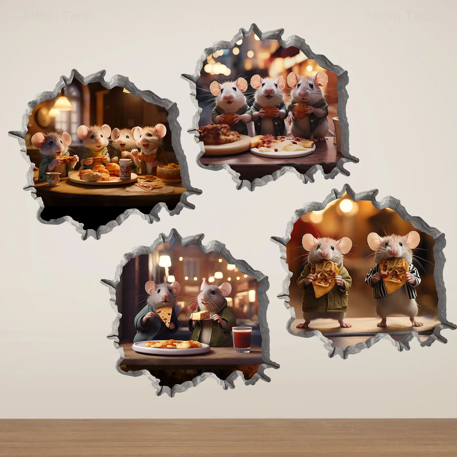 NiArt 4-Pack 3D Animal Mouse Hole Decorative Wall Decals - 5x5 in Vinyl Peel-and-Stick Stickers for Living Room, Playful Home Decor, Living Room Decor, Home Decor Ideas