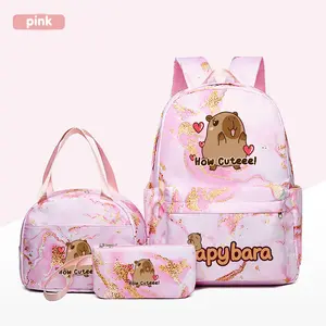 3pc Cracked Design Multi Function Backpack Set, Cute Cartoon Capybara Theme, Multiple Colors, Durable Material, Computer Compartment, Lunch Bag & Pencil Case