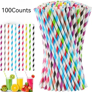 100-Pack 7.76-Inch Colorful Striped Paper Straw, Eco-Friendly Disposable Drinking Straw, Ideal for Parties and Home Use