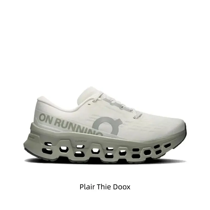 Off-white lightweight running sneakers with breathable one-piece engineered mesh, hollow serrated olive-gray shock-absorbing midsole and grid anti-slip outsole