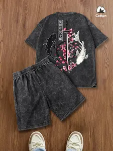 Men's 2-Piece Set Koi Cherry Blossom Sword Japanese Cultural Print T-Shirt & Shorts, Pure Cotton Vintage Washed Street Fashion Style Summer