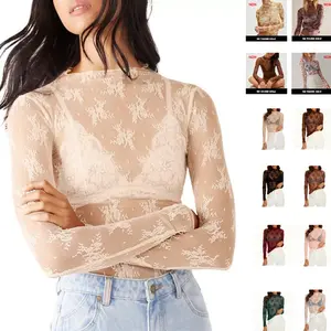Tanming Womens Mesh Tops Lace Spring Long Sleeve Shirts Slim Fitted Outfits See Through Blouses Springfresh Summer Top