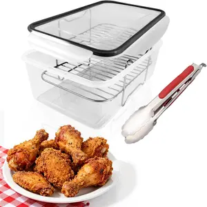 Batter Breader Bowl with Tongs and Removable Stainless Steel Tray - No Mess Breading Storage Container for Chicken Fish Pork Salad Kitchen Meal Prep Black