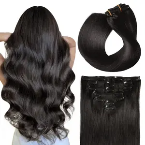 SUYYA Clip in Hair Extensions Real Human Hair 7 Pcs Human Hair Clip in Extensions Straight Remy Human Hair Extensions Clip ins for Women Double Weft 20 Inch#1B Off Black 80G
