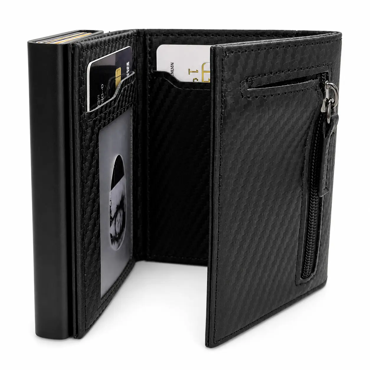 Men's Slim RFID Wallet with Pop-Up Card Holder, Aluminum Metal Bifold Wallet with Zipper Pocket, Holds 12+ Cards