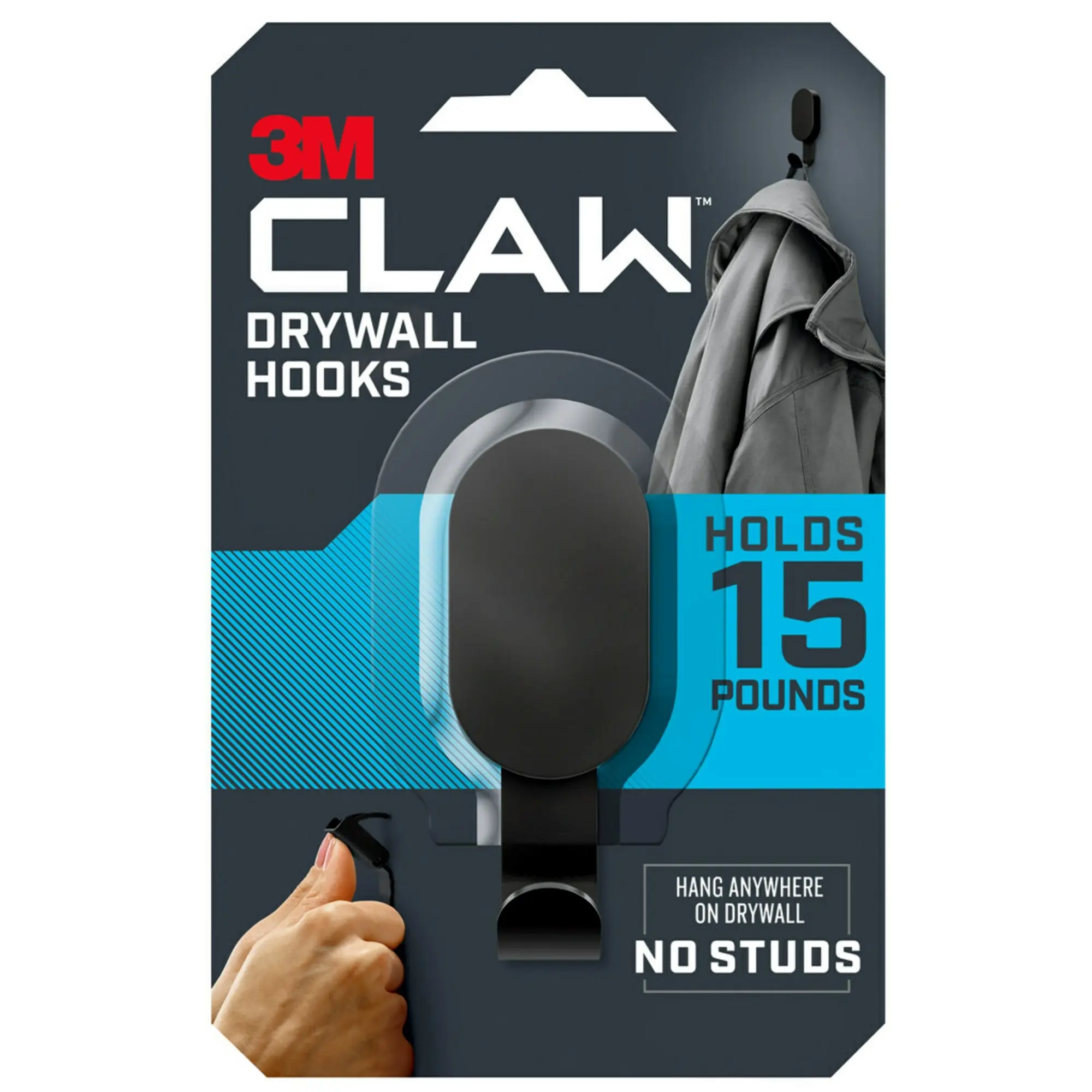 3M CLAW 15 lb. Drywall Hooks, Black, Great for Hanging Backpacks, Jackets, Bath Towels and Home Décor, 1 Hook