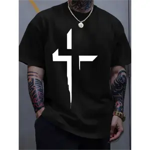 Men's Casual Black Cotton T-Shirt with Bold White Cross Print, Crew Neck, Slight Stretch, Regular Fit, Knit Fabric, 100% Cotton, Summer Casual Attire for Men