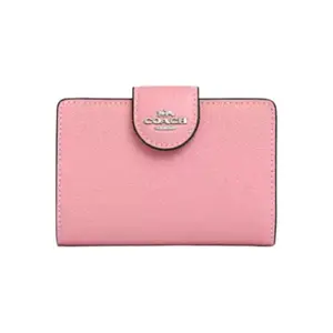 COACH Corner Zip Wallet 13 for Women – Logo Snap, Crossgrain Leather, Mini Purse in Silver and Pink