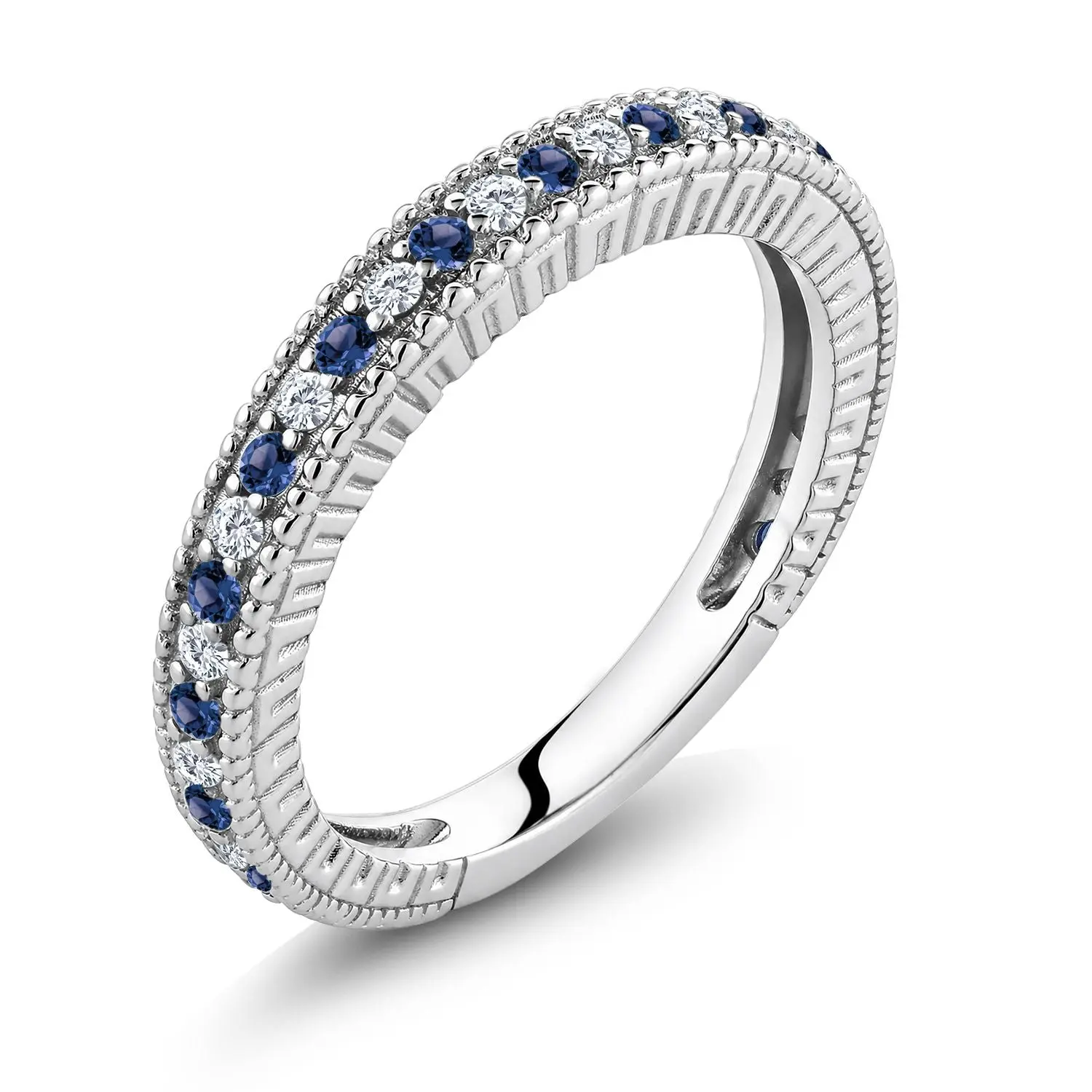 Blue and White Created Sapphire Ring | 925 Sterling Silver | Ladies Anniversary Wedding Band Ring For Women | 0.48 Cttw | Available In Size 5, 6, 7, 8, 9
