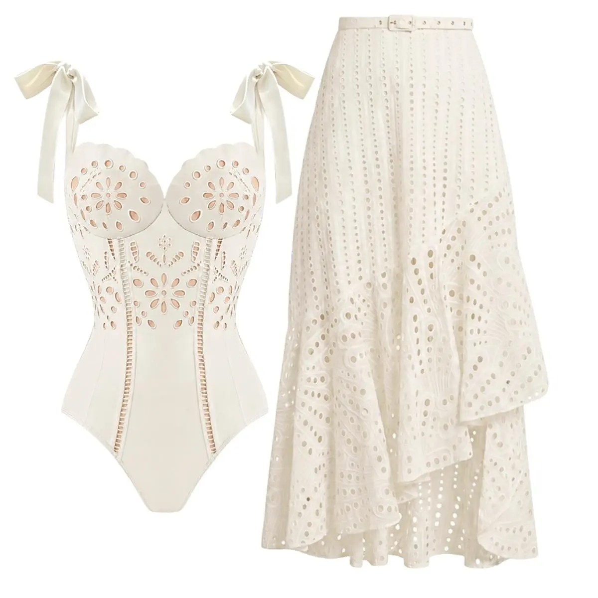 FLAXMAKER Women's White Tummy Control One Piece Swimsuit with Matching Cover Skirt, Laser-Cut 3D Flower Swimdress Set, Stylish Vacation Bathing Suit Summerwins Summervibes print beach sexy woman swimweek