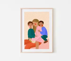 Mum and Two Boys Art Print | Motherhood Poster, Family Illustration for Kids Room Decor, Sibling Wall Art