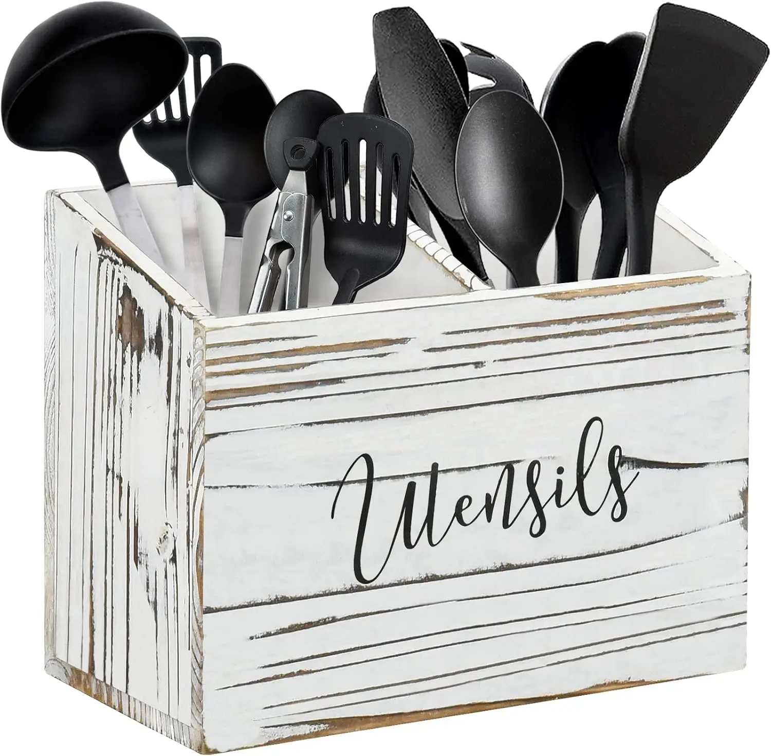 Wood Utensil Caddy for Kitchen Countertop, Utensil Holder with 2 Compartments, Wood utensil Crock for Kitchen Counter, Kitchen Utensil Organizer for Countertop (White)