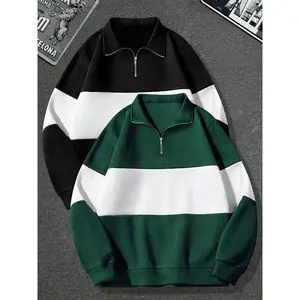 Men's Colorblock Striped Print Zip Up Sweatshirt, Casual Loose Drop Shoulder Long Sleeve Stand Collar Pullover for Daily Wear, Menswear for All Seasons