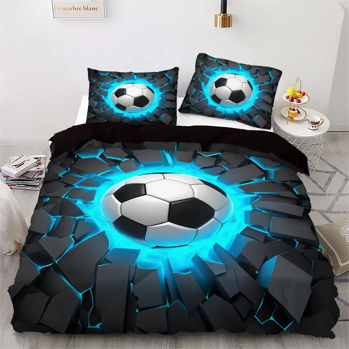 3-Piece Blue Football Print Bedding Set (1 Fitted Sheet + 2 Pillowcases), Polyester Cotton Fabric, Soft, Bedroom Dorm Room Decor, Decorative Bedding Set