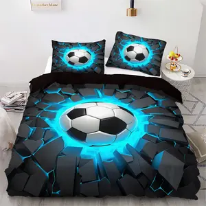 3-Piece Blue Football Print Bedding Set (1 Fitted Sheet + 2 Pillowcases), Polyester Cotton Fabric, Soft Comfortable, Bedroom Dorm Room Decor