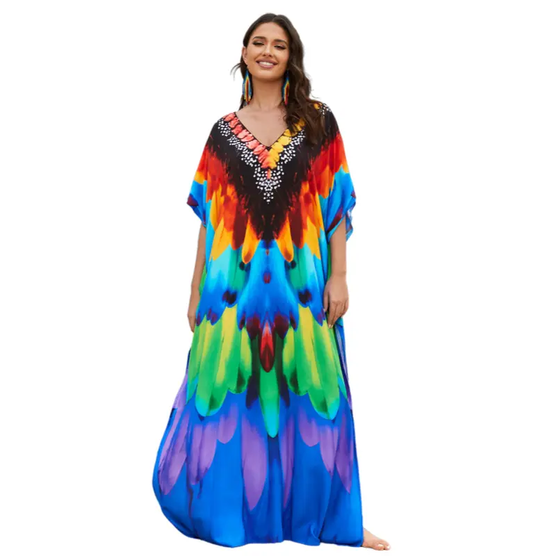 Women's Ethnic Print Plus Size Viscose Kaftan Dress - Boho Baggy V-Neck Swimsuit Cover Up, Mrs. Roper Kaftan, Bubu, Mumu, Casual Womenswear, Kaftan Dresses