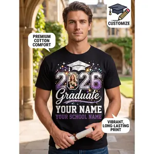 Custom 2026 Graduation T-Shirt - Personalized Photo/Name/Text School Uniform Suitable for Men & Women, Soft Cotton Crew Neck Short Sleeve Tee with DIY Class Keepsake Gift, Machine Washable Uniforms, A