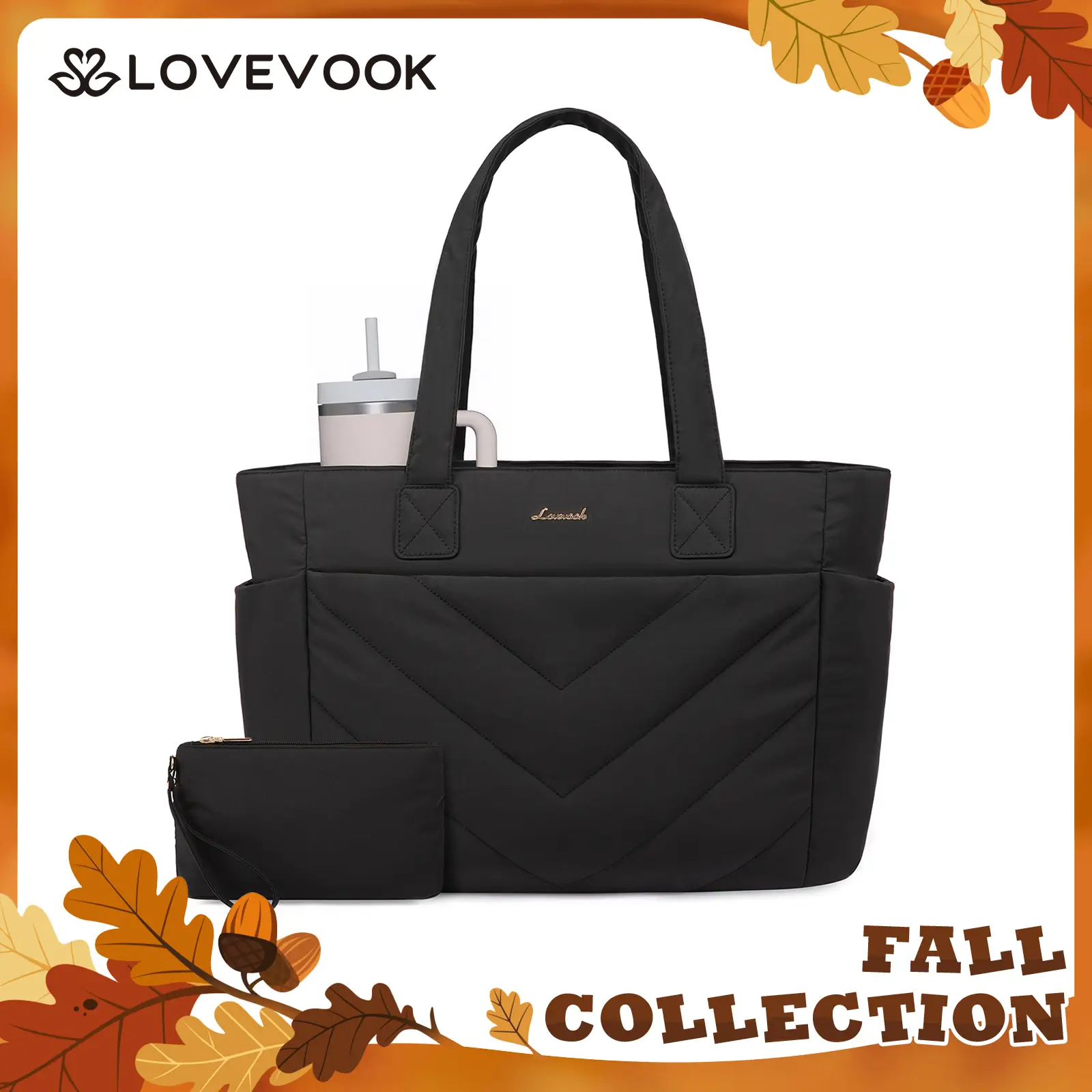 LOVEVOOK Puffer Tote Bag for Women, Lightweight 15.6'' and 17.3'' Puffy Bag with Multi Compartments, Quilted Shoulder Bag Handbag for Travel, Work,Co