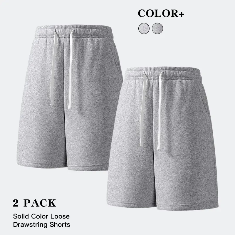 2-Pack Unisex Solid Color Loose Knee-Length Sweat Shorts with Drawstring, Adjustable Dual Cords, Elastic Waistband, Soft Sweat Fabric, Bermuda Cropped Pants for Summer Daily Wear, Outdoor Jogging, Vacations, Streetwear, Minimalist Matching Outfits
