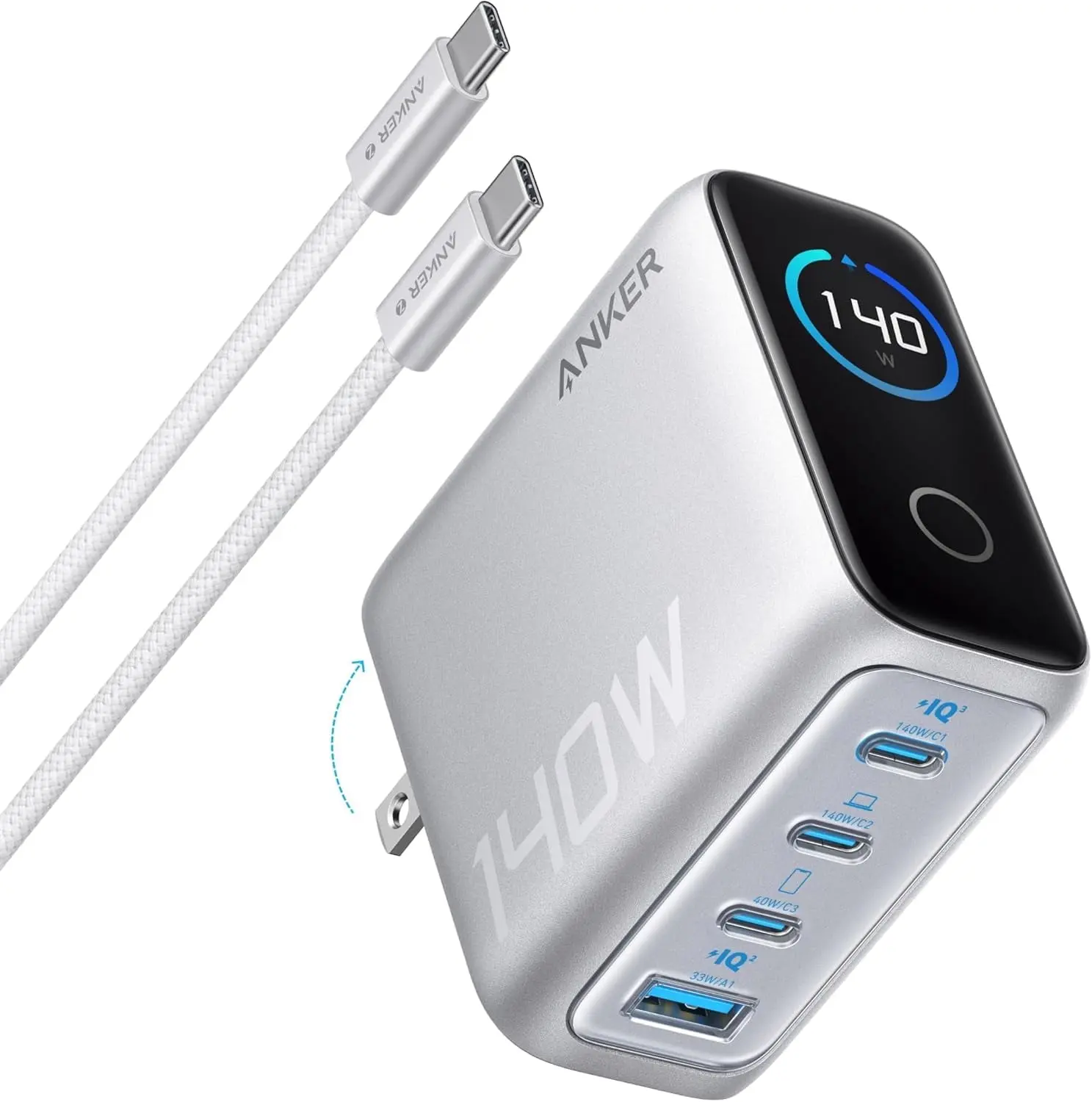Anker Laptop Charger, 140W Max 4-Port GaN USB C Charger Block with Smart Display, Fast Charging Power Adapter, Touch Controls Compatible for MacBook, iPhone 17 Series (Include 5FT Cable, Non-Battery)