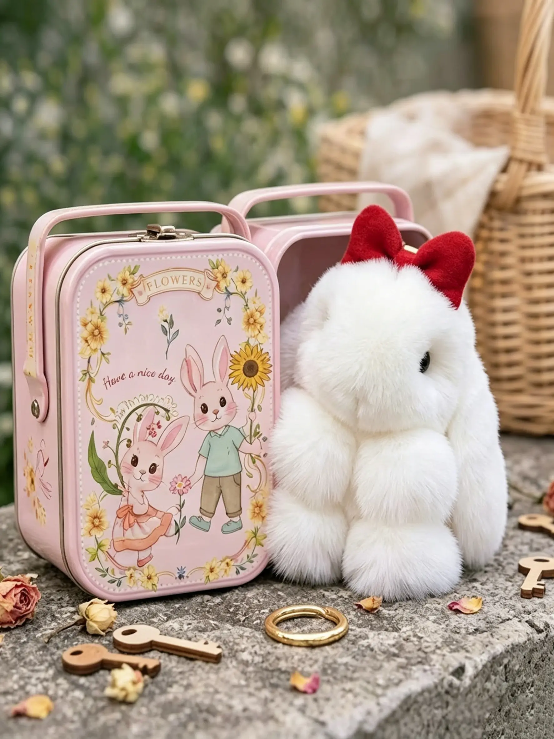 Lop-Eared Rabbit Bag Charm Gift Box Set, Soft Imitation Rabbit Fur, 3D Shape, Childlike Print, Fairy Tale Feel, Holiday & Kids Gifts