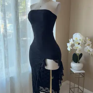 Strapless Black Lace Asymmetrical Midi Dress ⋆˙⟡