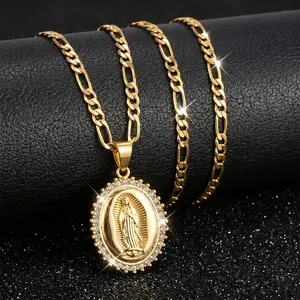 14K Gold Plated Cubic Zirconia Our Lady Of Guadalupe Pendant Necklace for Women and Men Women's Amulet